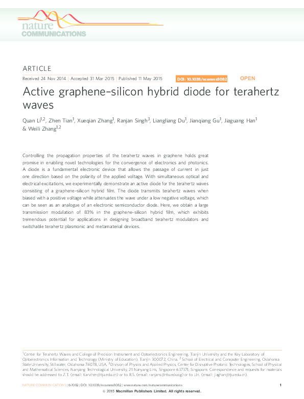 (PDF) Active graphene–silicon hybrid diode for terahertz waves