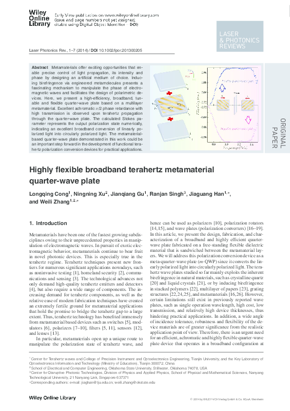 (PDF) Highly flexible broadband terahertz metamaterial quarter‐wave plate