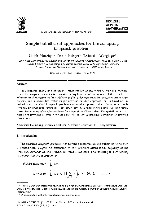 (PDF) Simple but efficient approaches for the collapsing knapsack problem
