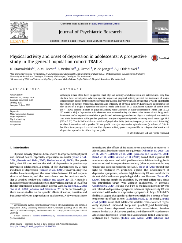 (PDF) Physical activity and onset of depression in adolescents: A ...