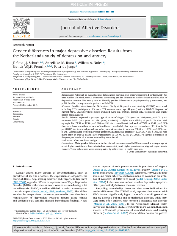 (PDF) Gender differences in major depressive disorder: Results from the ...