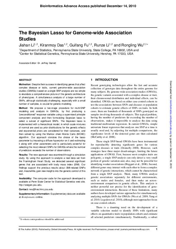 (PDF) The Bayesian lasso for genome-wide association studies