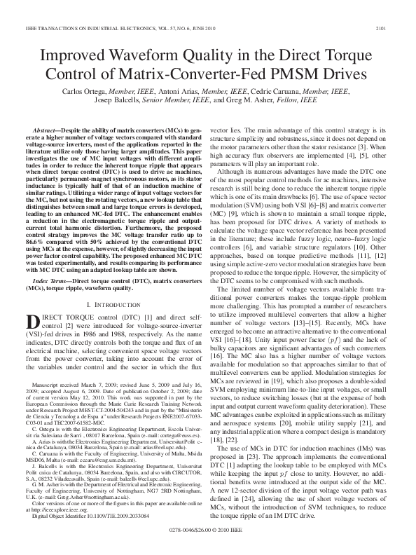 (PDF) Improved Waveform Quality in the Direct Torque Control of Matrix ...