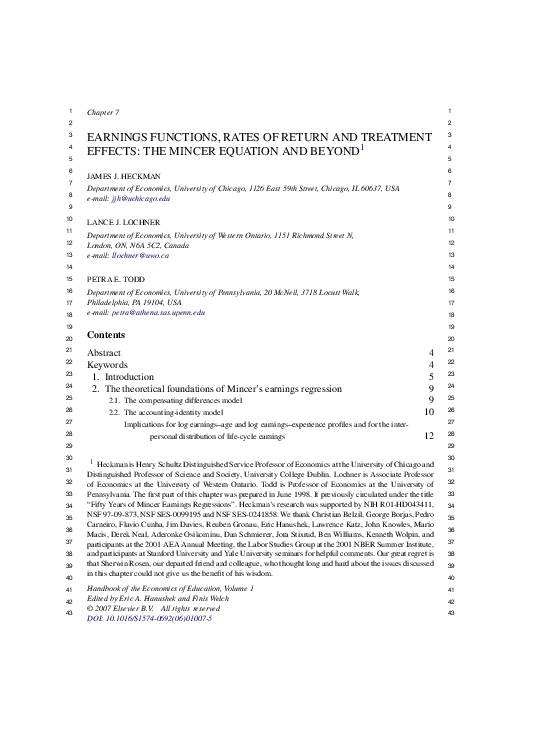 (PDF) Earnings Functions, Rates of Return and Treatment Effects The