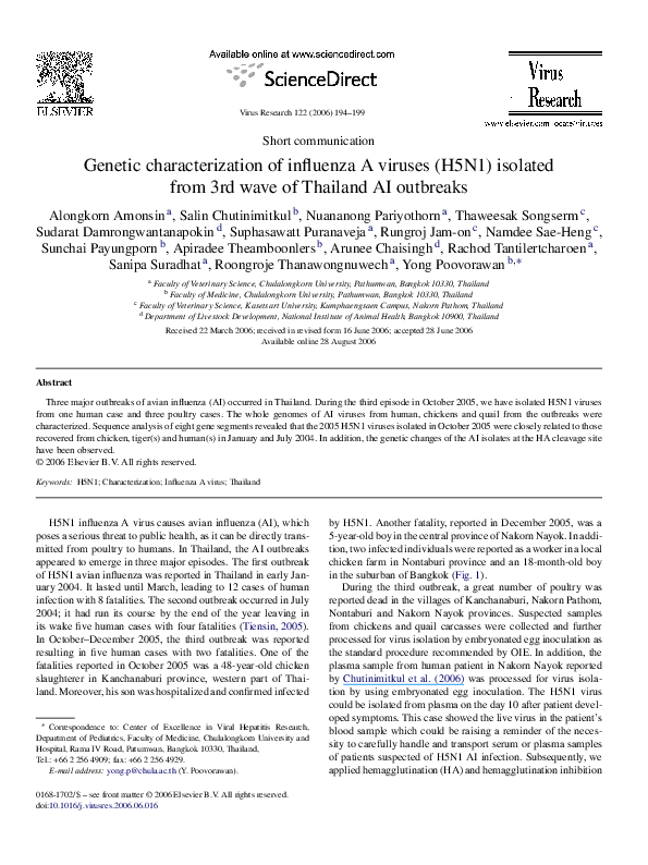 (PDF) Genetic characterization of influenza A viruses (H5N1) isolated ...
