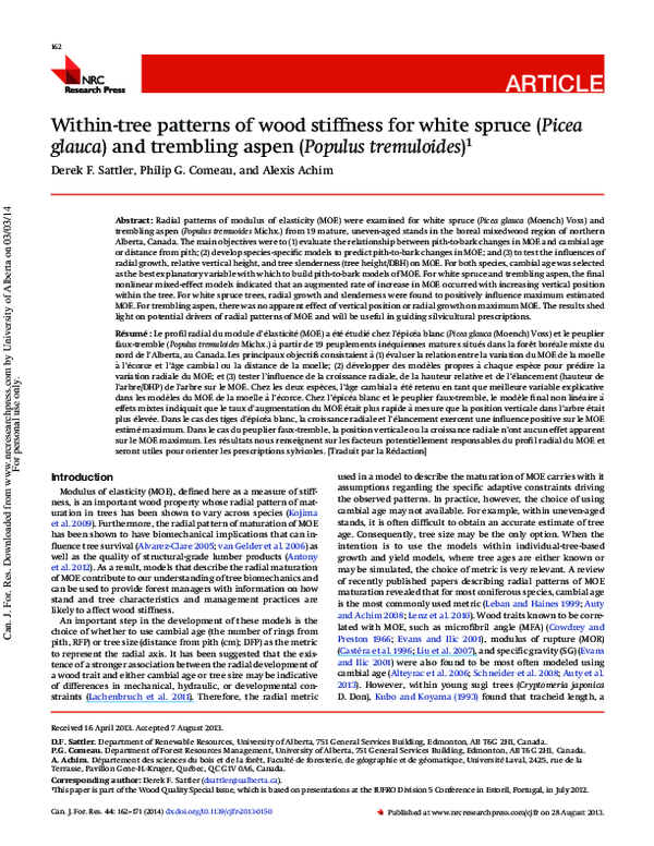 (PDF) Within-tree patterns of wood stiffness for white spruce (Picea ...