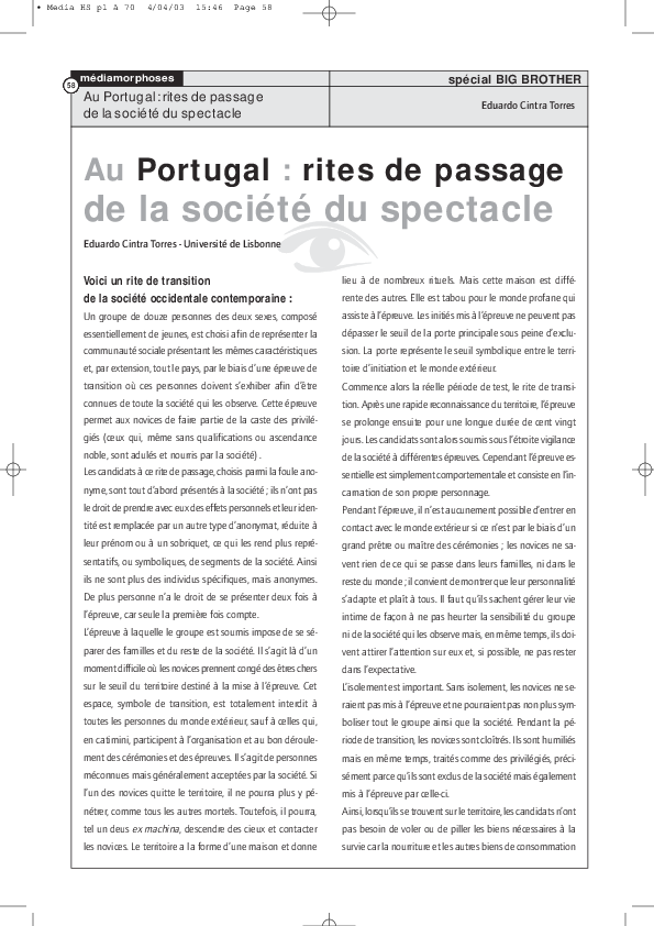 (PDF) Au Portugal rites de passage de la société du spectacle Eduardo Cintra Torres (PDF) Au Portugal rites de passage de la société du spectacle Eduardo Cintra Torres
