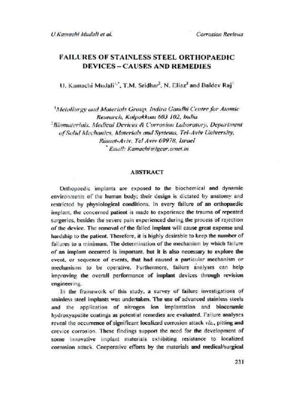 (PDF) Failures of Stainless Steel Orthopedic Devices - Causes and Remedies