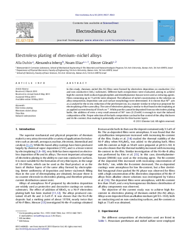 (PDF) Electroless plating of rhenium–nickel alloys