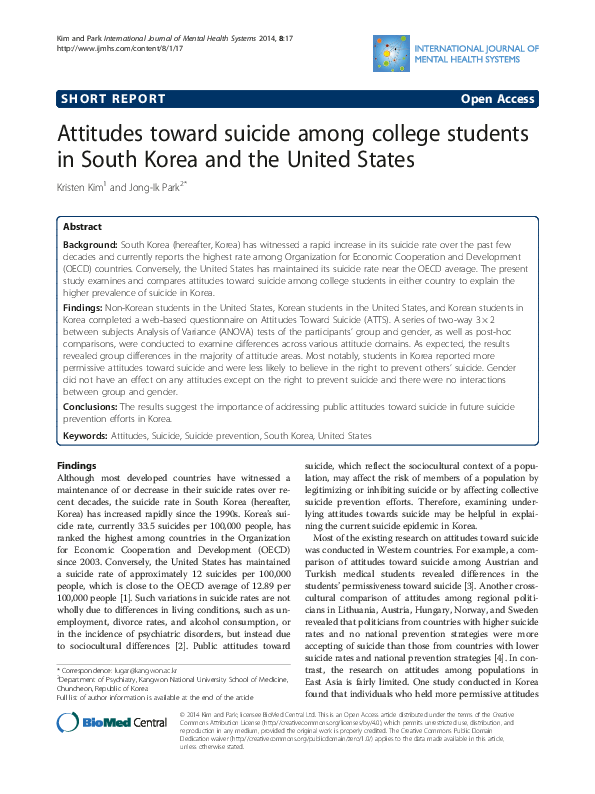 (PDF) Attitudes toward suicide among college students in South Korea ...