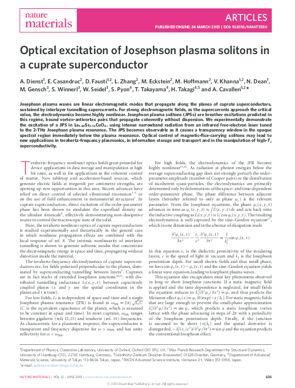 (PDF) Optical excitation of Josephson plasma solitons in a cuprate ...