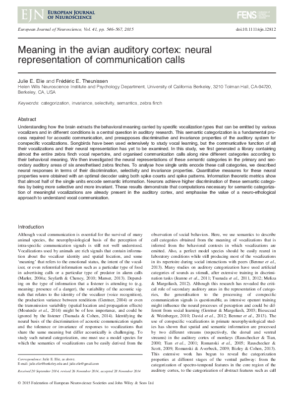 (PDF) Meaning in the avian auditory cortex: neural representation of ...