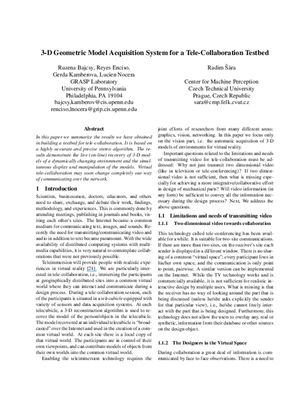 (PDF) 3-D Geometric Model Acquisition System for a Tele-Collaboration ...