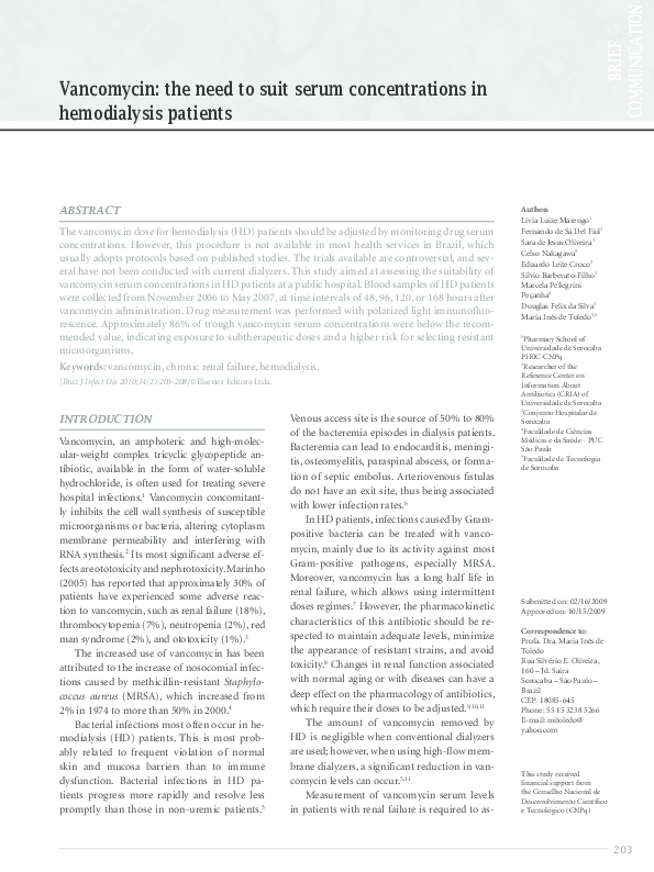 (PDF) Vancomycin: the need to suit serum concentrations in hemodialysis ...