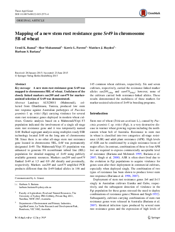 (PDF) Mapping of a new stem rust resistance gene Sr49 in chromosome 5B ...