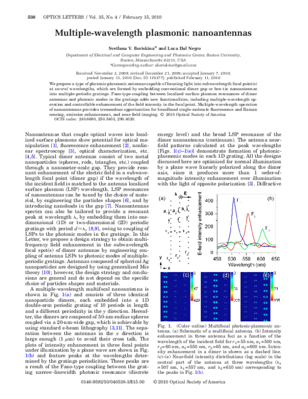 (PDF) Multiple-wavelength plasmonic nanoantennas