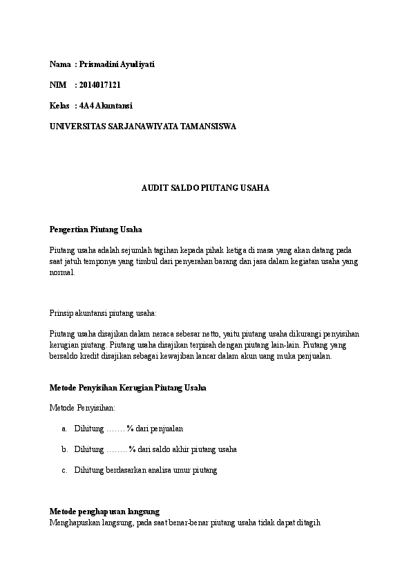 Doc Audit Saldo Piutang Usaha Prismadini Ayudiyati Academia Edu