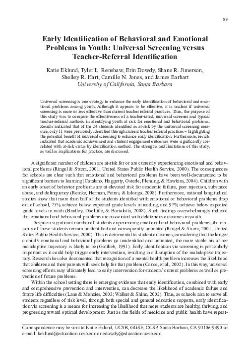 (PDF) Early Identification of Behavioral and Emotional Problems in ...