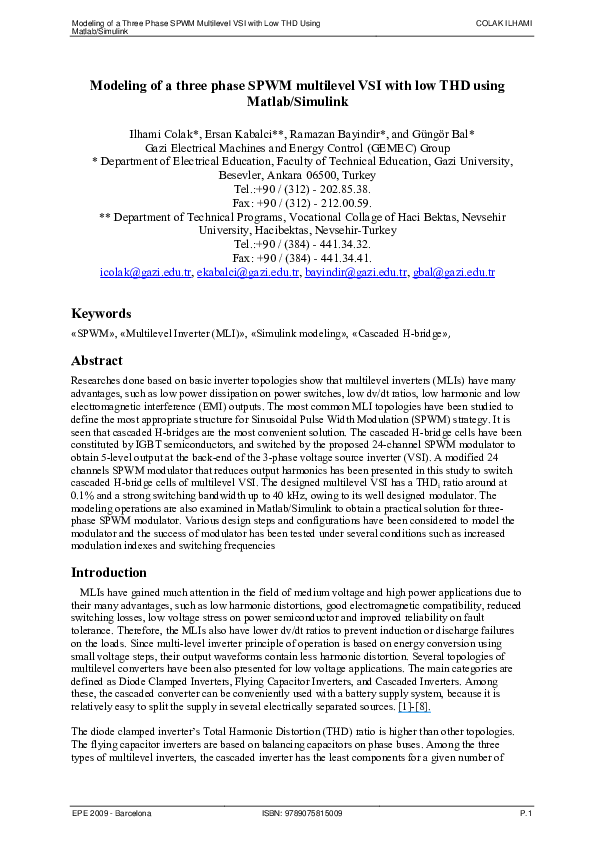 (PDF) Modeling of a three phase SPWM multilevel VSI with low THD using ...