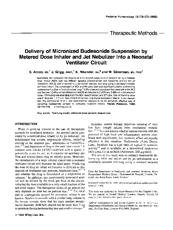 Pdf Delivery Of Micronized Budesonide Suspension By Metered Dose Inhaler And Jet Nebulizer Into A Neonatal Ventilator Circuit S Arnon Academia Edu