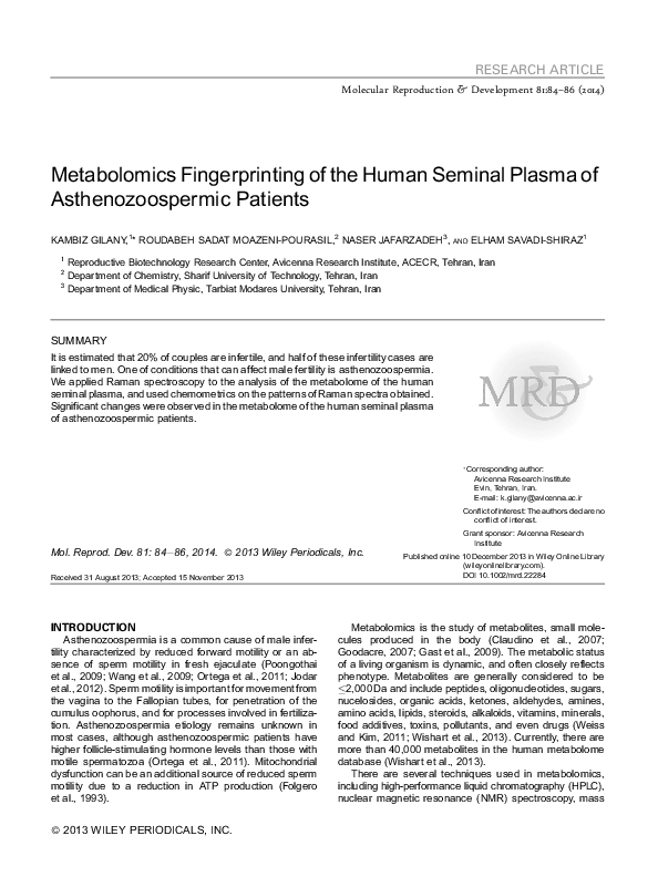 (PDF) Metabolomics Fingerprinting of the Human Seminal Plasma of ...
