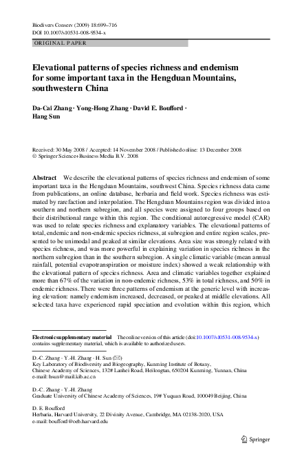 (PDF) Elevational patterns of species richness and endemism for some ...