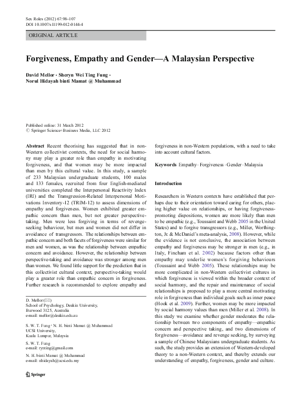 Pdf Forgiveness Empathy And Gender A Malaysian Perspective David Mellor Academia Edu