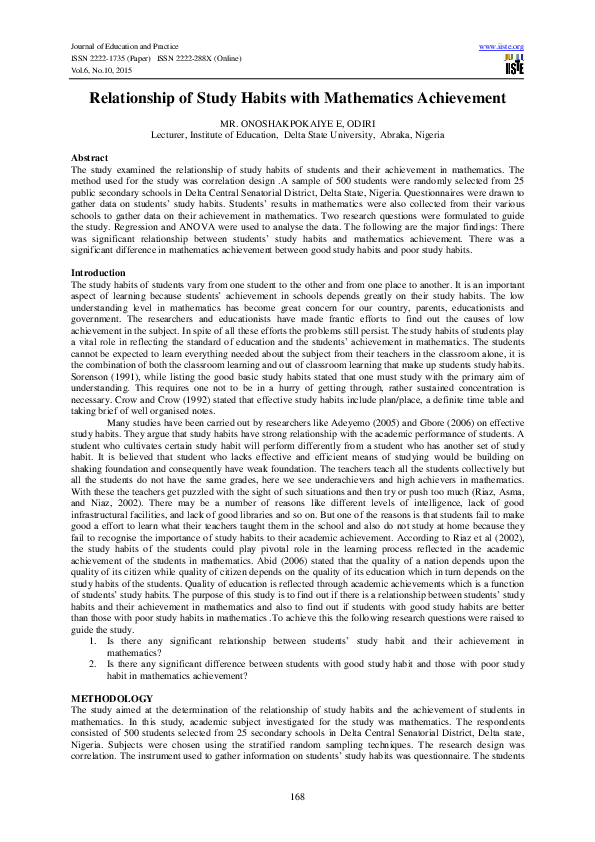 (PDF) Relationship of Study Habits with Mathematics Achievement Edil