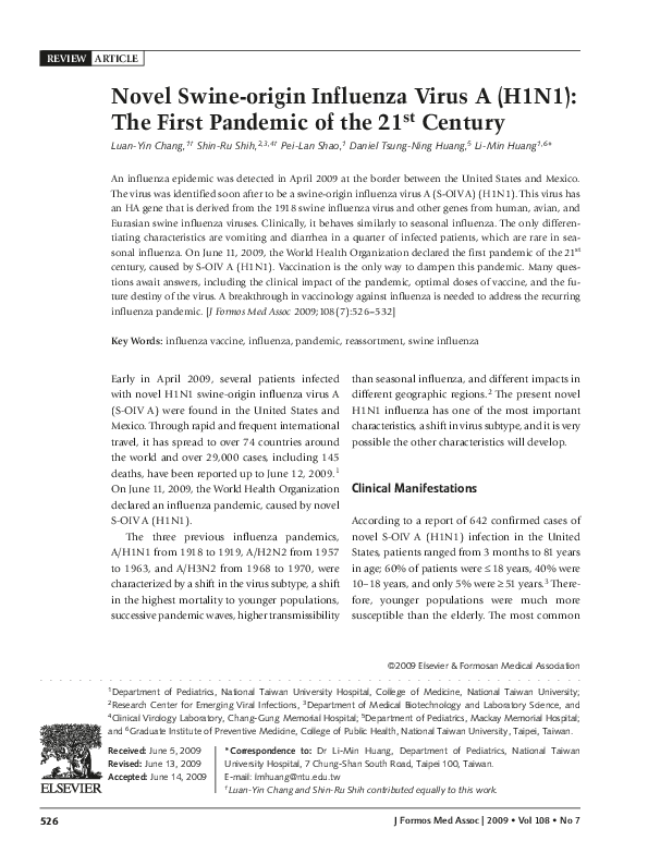 (PDF) Novel Swine-origin Influenza Virus A (H1N1): The First Pandemic ...