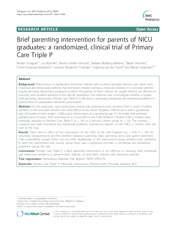 (PDF) Brief parenting intervention for parents of NICU graduates: a ...