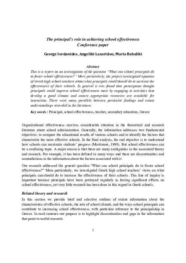 (PDF) The principal's role in achieving school effectiveness Conference ...