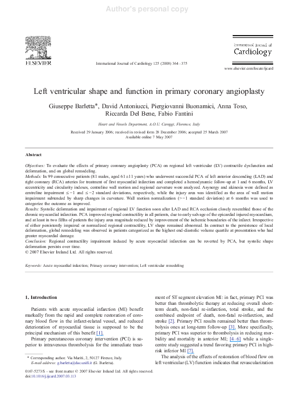 (PDF) Left ventricular shape and function in primary coronary angioplasty