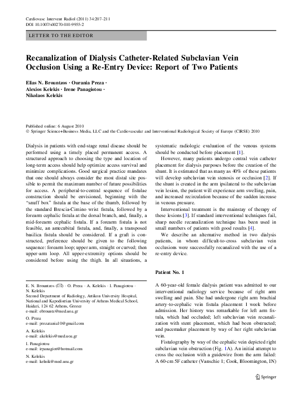 (PDF) Recanalization of Dialysis CatheterRelated Subclavian Vein