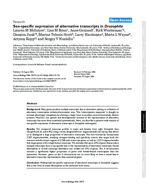 (PDF) Sex-specific expression of alternative transcripts in Drosophila