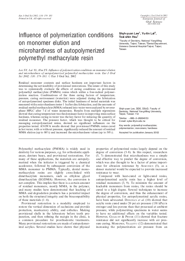 (PDF) Influence of polymerization conditions on monomer elution and ...