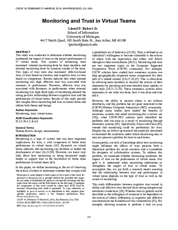 (PDF) Monitoring and Trust in Virtual Teams