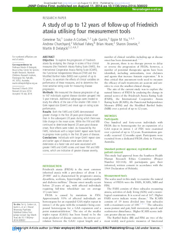 (PDF) A study of up to 12 years of follow-up of Friedreich ataxia ...