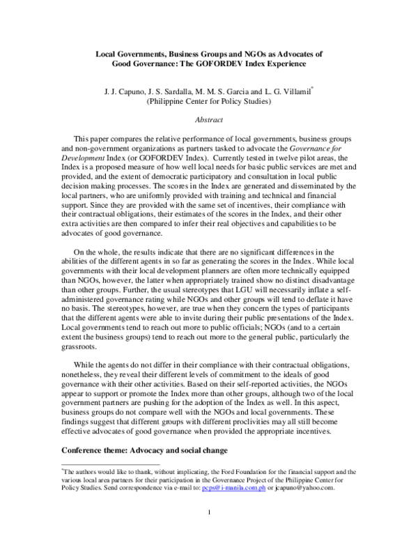 (PDF) Local Governments, Business Groups and NGOs as Advocates of Good ...