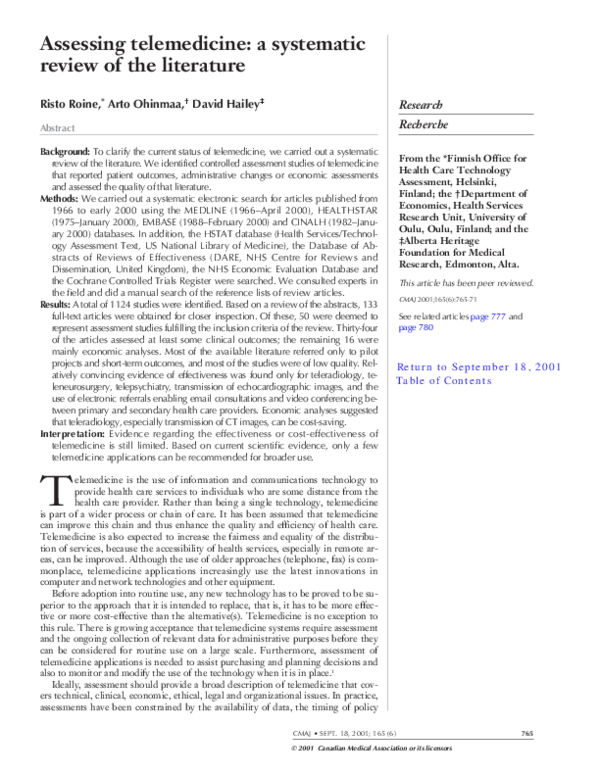 (PDF) Assessing telemedicine: a systematic review of the literature
