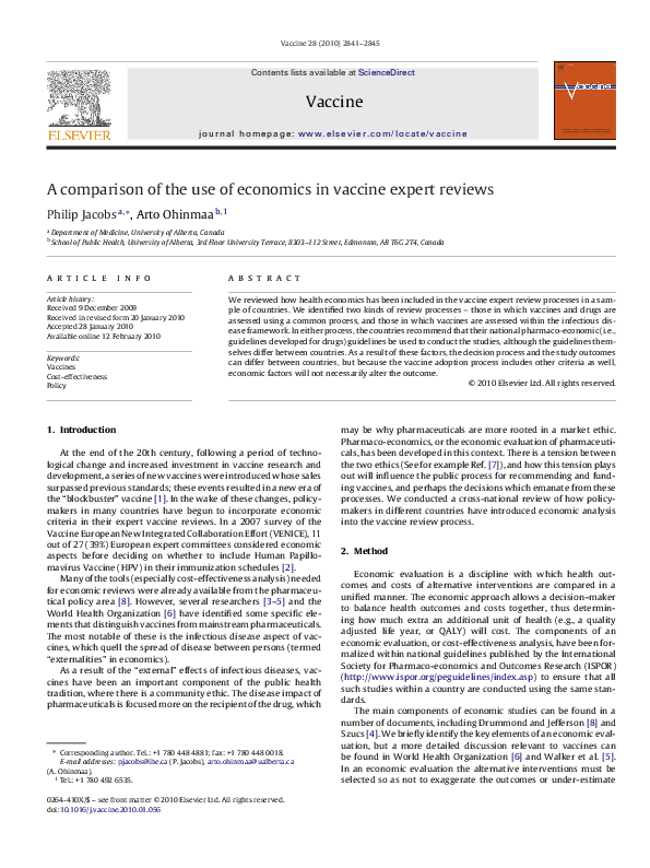 (PDF) A comparison of the use of economics in vaccine expert reviews