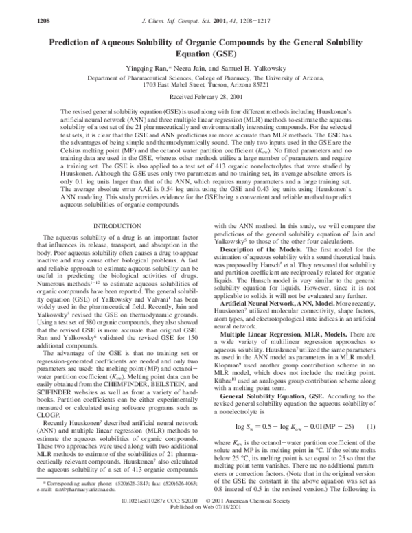 (PDF) Prediction of Aqueous Solubility of Organic Compounds Based on a ...