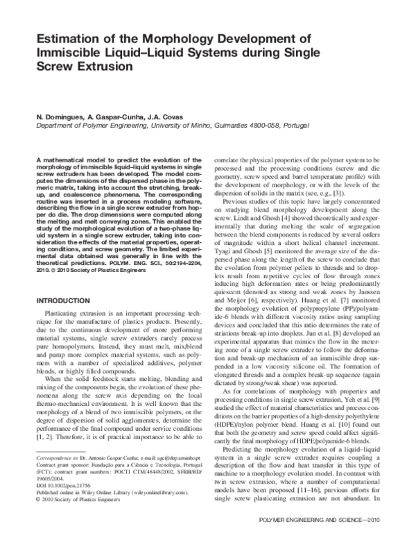 Estimation of the morphology development of immiscible liquid-liquid systems during single screw extrusion