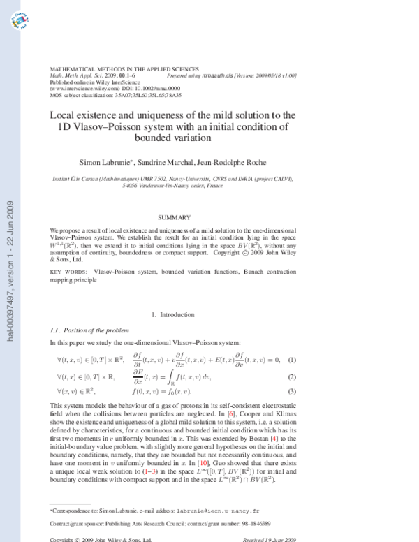 (PDF) Local existence and uniqueness of the mild solution to the 1 D ...