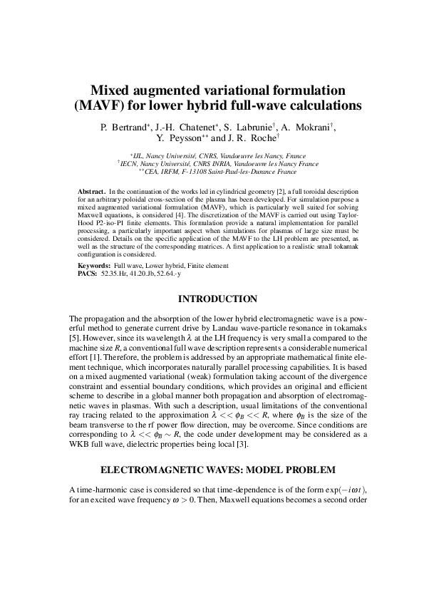 (PDF) Mixed augmented variational formulation (MAVF) for lower hybrid ...