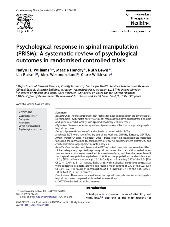 (PDF) Psychological response in spinal manipulation (PRISM) A
