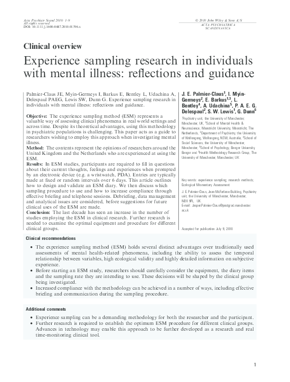(PDF) Experience sampling research in individuals with mental illness ...