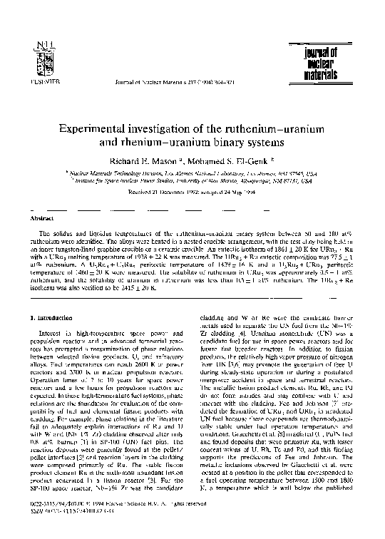 (PDF) Experimental investigation of the ruthenium-uranium and rhenium ...