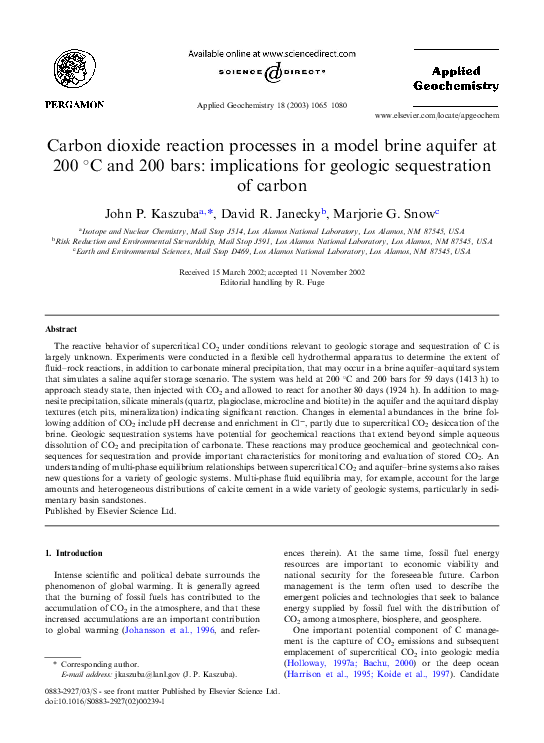 (PDF) Carbon dioxide reaction processes in a model brine aquifer at 200 ...