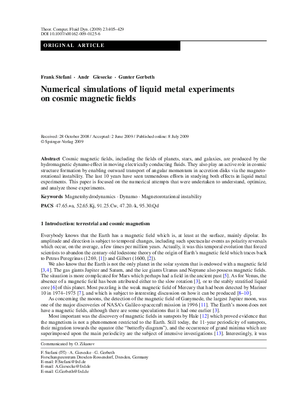 (PDF) Numerical simulations of liquid metal experiments on cosmic ...