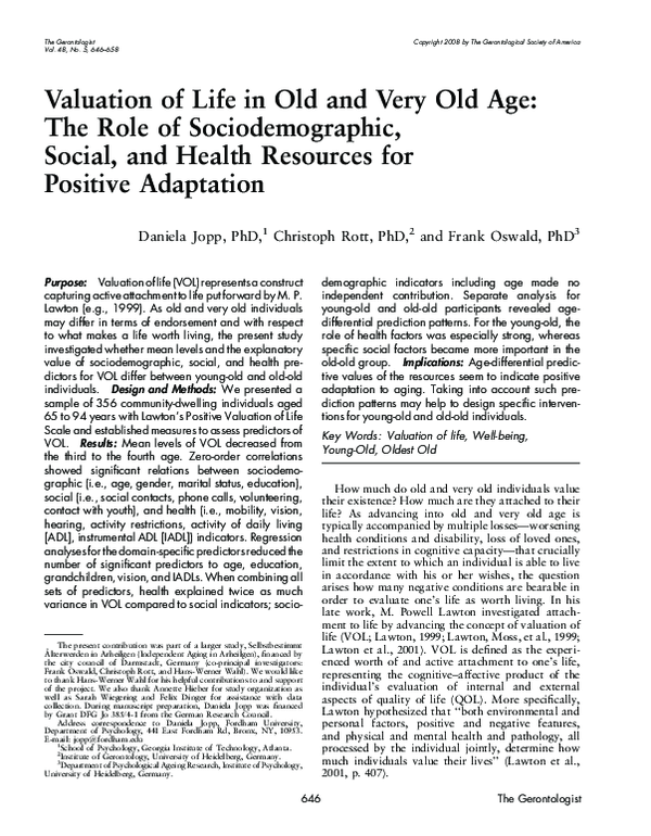 (PDF) Valuation of Life in Old and Very Old Age: The Role of ...